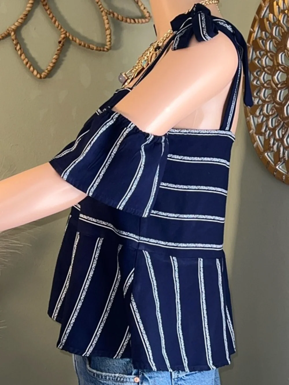Anthropologie Splendid Off the Shoulder Top with Ties Navy/White Striped Small - Picture 3 of 15